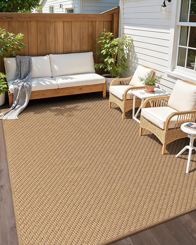 Color&Geometry 6x9 Jute Rug Indoor/Outdoor,Reversible Tan Handwoven Natural Fiber Herringbone Area Rug with Non-Woven Fabric Core, Easy Clean Relaxed Natural Decor for Patio, Deck, Living/Dining Room