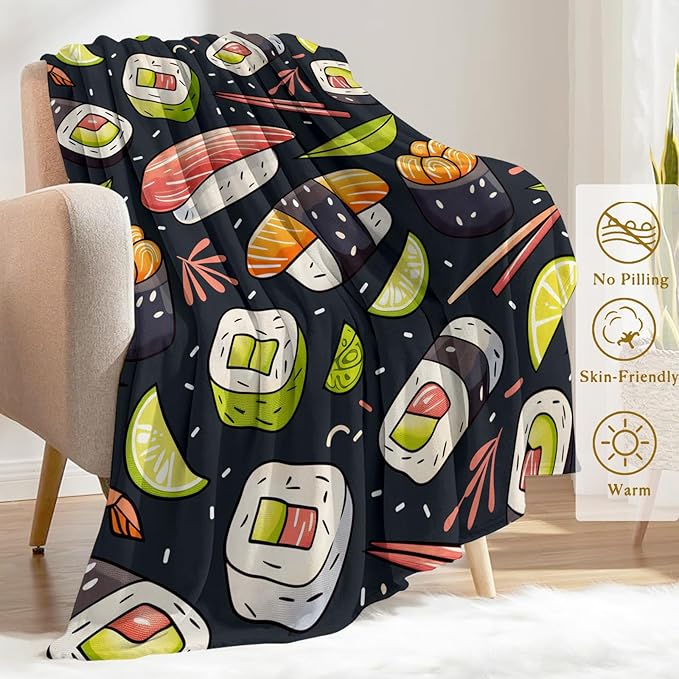 Sushi Throw Blanket 50x60 in, Fun Colorful Japanese Food Pattern Blankets for Couch Bedroom Living Room Indoor Decor, Lightweight Soft Cozy Bedding Birthday Gift for Kids Boys Adults