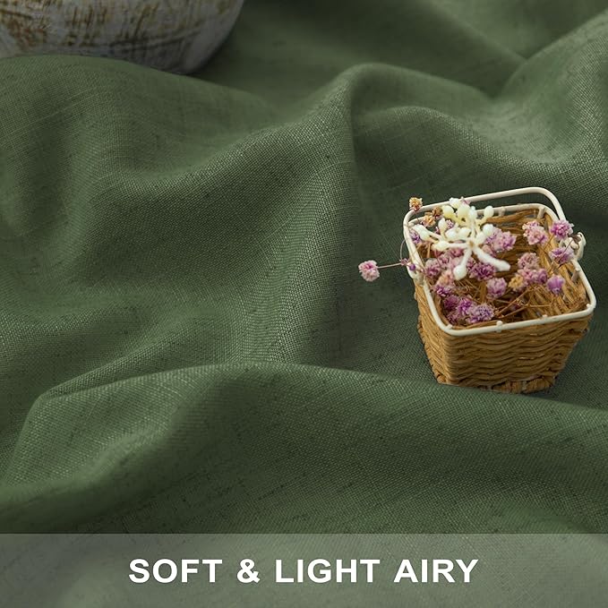 Olive Green Linen Curtains 84 Inch Length for Living Room 2 Panels Back Tab Pocket Moss Green Boho Drapes Light Filtering Sheer Cotton Neutral Aesthetic Army Green Boho Curtains for Bedroom 52x84 Long