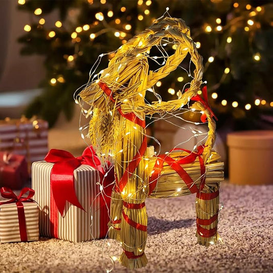 15.7" Lighted Christmas Straw Goat Home Decor Swedish Scandinavian Yule Style Decorative Handmade Ornaments with LED Light for Indoor Christmas Home Kitchen Bedroom Decor