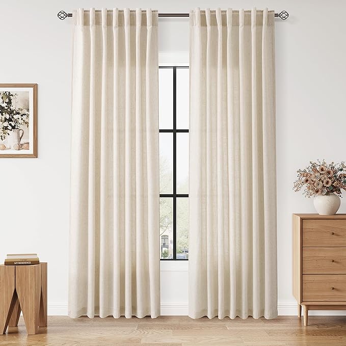 Nanspring Linen Curtains 84 Inch Length 2 Panels Set for Living Room Farmhouse Decor Light Filtering Semi Sheer Curtain Back Tab and Rod Pocket Neutral Luxury Rustic Coastal Drapes for Bedroom 52x84