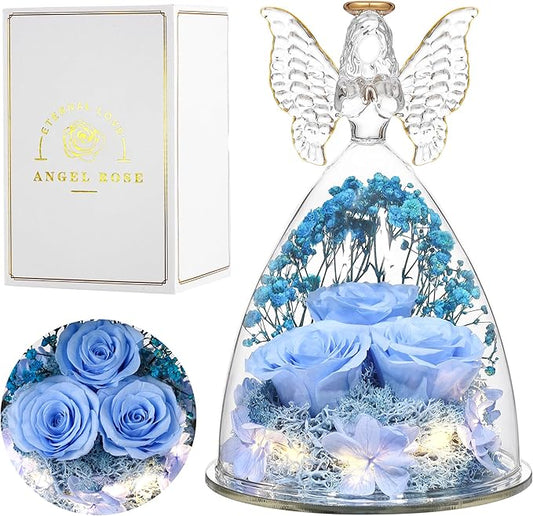 Christmas Rose Gifts for Women Preserved Real Flower in Glass Angel Figurines Roses for Delivery Prime Birthday Gifts for Mom Grandma Girlfriend Wife Her, Sky Blue
