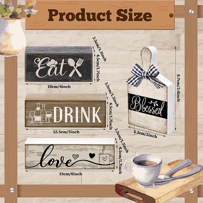 4 Pcs Farmhouse Kitchen Decor Wooden Plate Farmhouse Table Decor Black Brown and White Plate Tableware Centerpiece Rustic Decorative Plates Block Sign for Display Cabinet Kitchen Decoration