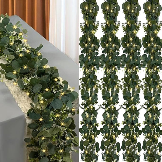 Eucalyptus Garland with Lights, 4 Packs 6FT Green Flower Garland Decor, Artificial Faux Eucalyptus Leaves Greenery Vines for Table Runner Wedding Centerpieces Backdrop Decorations (Warm Color)
