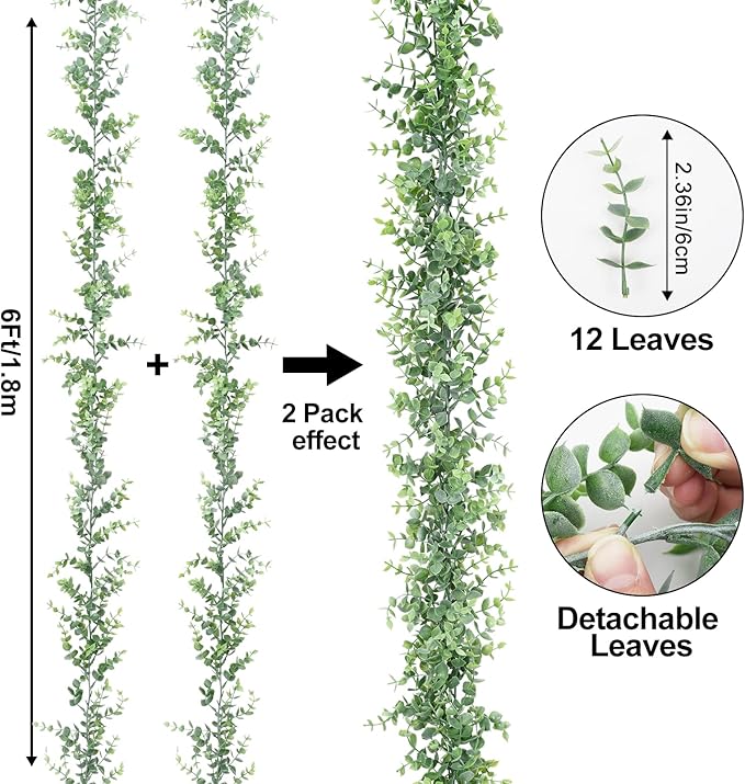 Dolicer 8 Packs Eucalyptus Garland with LED Lights String, 48FT Faux Eucalyptus Greenery Garland, Artificial Hanging Green Eucalyptus Leaves Vine Wedding Backdrop Arch Wall Table Decor (Grey Green)