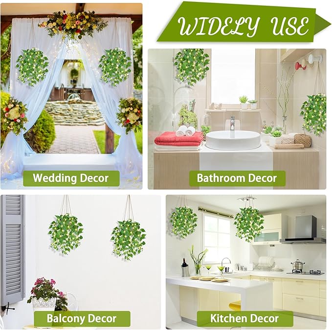 2 Pack Hanging Plant Fake Hanging Plants with LED Lights, Artificial Hanging Plant with Pots, Artificial Plants for Home Decor Wall Indoor Outdoor Office Decor