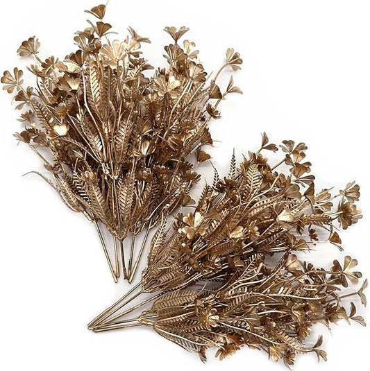 PASYOU Gold Fake Flowers Artificial Shrubs for Christmas Decor, Plastic Plants Faux Leaves Stems Grass Foliage Home Wreath Ornaments Party Hotel Wedding Event Gift DIY Tree Decoration Golden 10 Pack