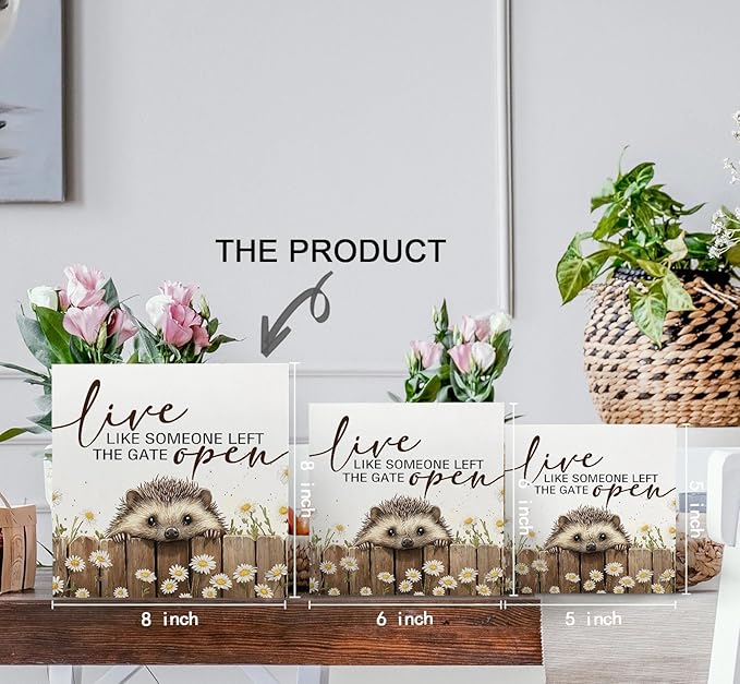 Hedgehog Wooden Box Sign -Rustic Farmhouse Live Like Someone Left the Gate Open Signs for Home Decor, Farm Cottagecore Animal Office Kitchen Bedroom Decor, Hedgehog Gifts for Women, 8x8