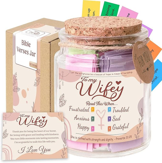 Bible Verse Jar for Wife – 92 Inspirational Scriptures by Emotion, Christian Gift from Husband to Wifey, Encouragement Jar for Women, Romantic & Faith-Based Gift