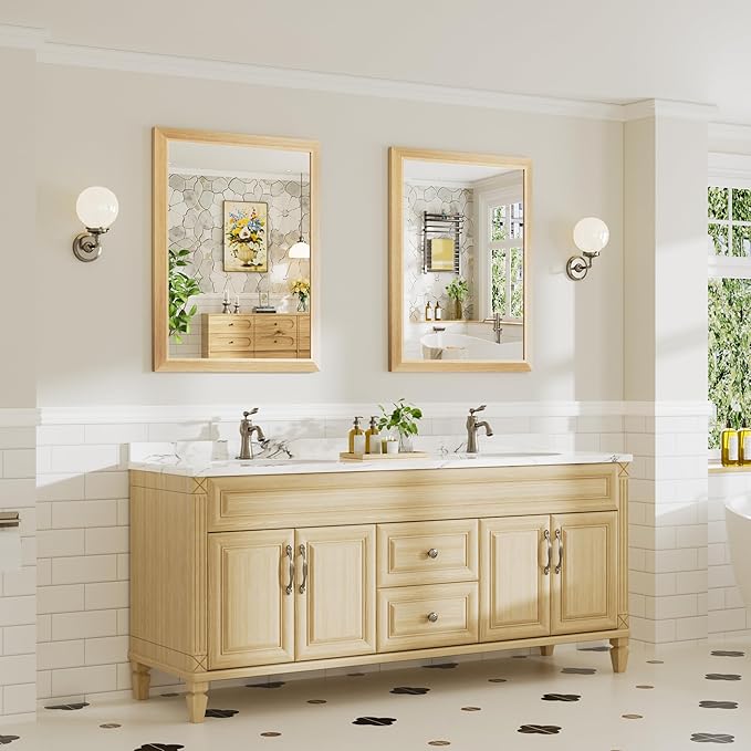 28x36 Inch Bathroom Mirror for Wall, Anti-Rust Oak Wood Grain Metal Framed Bathroom Mirrors for Over Sink,Rectangler Mirrors for Bathroom Vanity, Farmhouse, Bedroom, Living Room, Entryway Decor