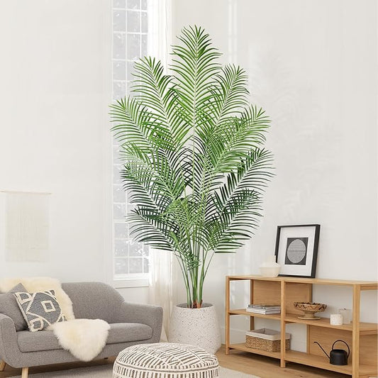Artificial Palm Tree 7ft Tall Fake Palm Tree Indoor Decor with 18 Leaves and Real Bark Design Faux Tropical Areca Palm Silk Floor Plant in Pot for Home Office Living Room Bedroom Decor 1pcs
