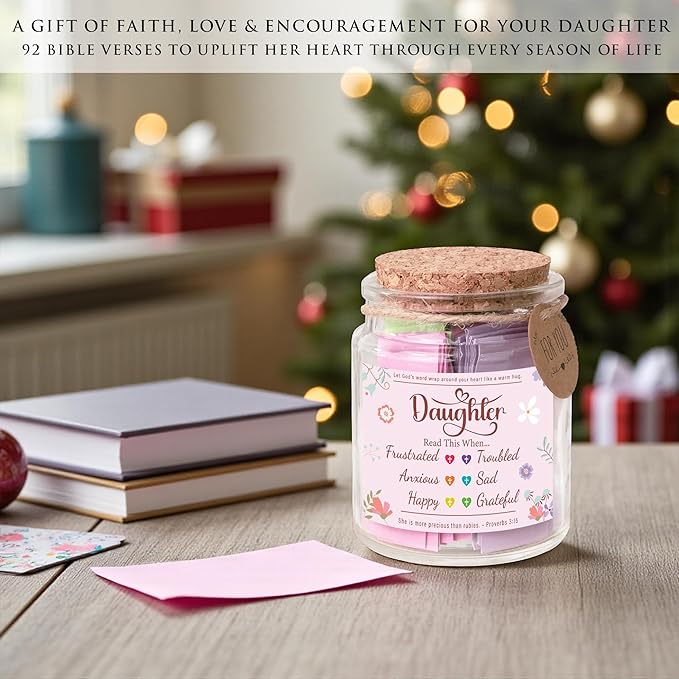 Bible Verse Jar for Daughter – 92 Encouraging Scriptures by Emotion, Christian Gift from Mom or Dad, Inspirational Jar for Teen Girls & Adult Daughter