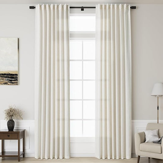 Cream Linen Curtains 142 Inches Long for Living Room Extra Long Back Tab Curtains Neutral Farmhouse Light Filtering Semi Sheer Linen Drapes Ceiling to Floor for Large Window 2 Panels Set 52x142