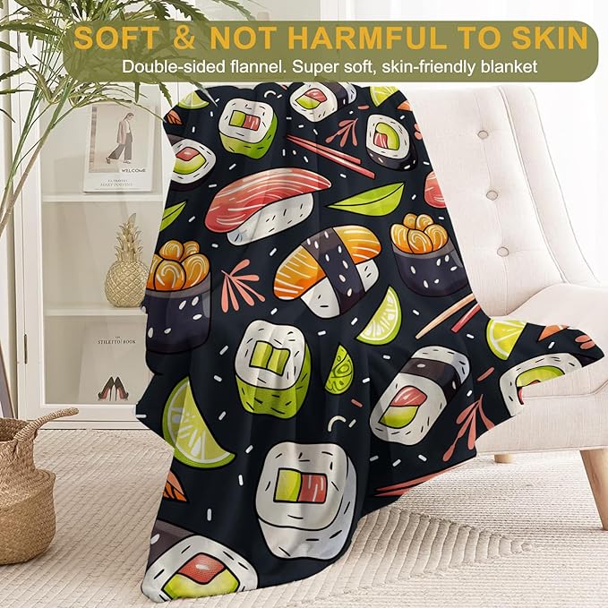 Sushi Throw Blanket 40x50 in, Fun Colorful Japanese Food Pattern Blankets for Couch Bedroom Living Room Indoor Decor, Lightweight Soft Cozy Bedding Birthday Gift for Kids Boys Adults