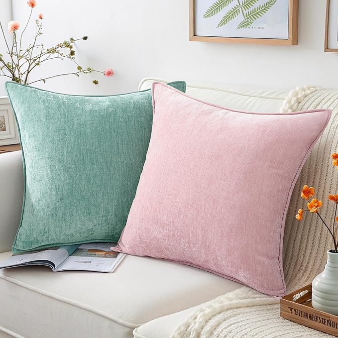 decorUhome Christmas Couch Throw Pillow Covers 24x24 Set of 2, Decorative Soft Euro Velvet Neutral Chenille Pillow Covers with Elegant Design for Sofa Bed Living Room Home Decor, Blush Pink