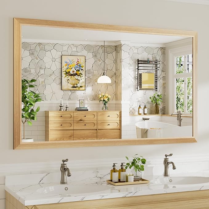 60x36 Inch Bathroom Mirror for Wall, Anti-Rust Oak Wood Grain Metal Framed Bathroom Mirrors for Over Sink,Rectangler Mirrors for Bathroom Vanity, Farmhouse, Bedroom, Living Room, Entryway Decor