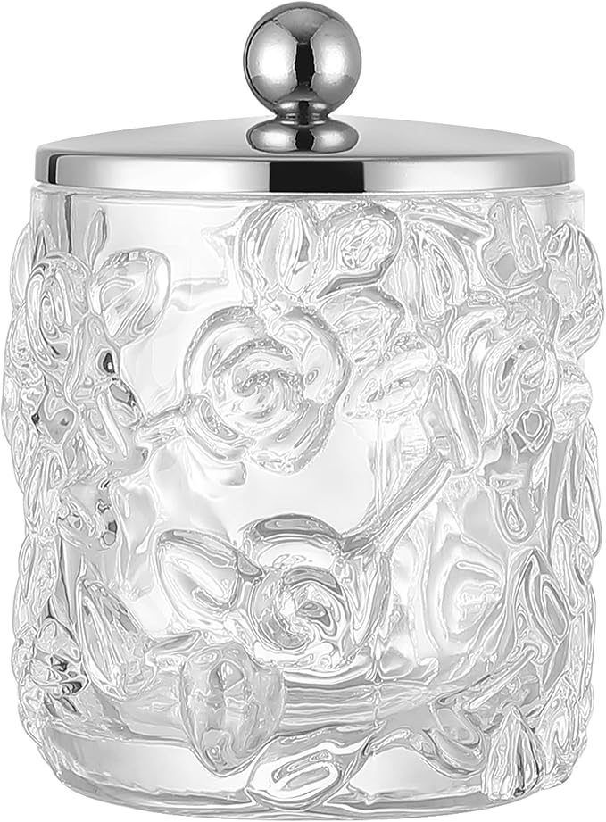 Clear Transparent Apothecary Floral Embossed Glass Jar With Silver/Chrome Metal Lid Cover for Bathroom Organization, Cotton Balls, Q Tips, and Small Accessories, Bathroom Storage