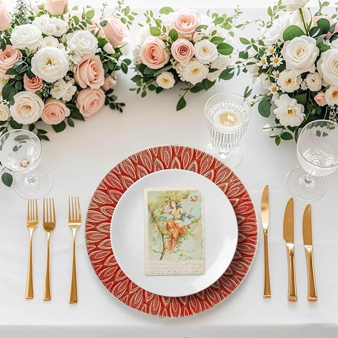 Red Charger Plates, 13 Inch Set of 6 Plastic Peacock Chargers for Dinner Plates,Table Settings, Easter, Thanksgiving, Christmas Party, Family Gathering.