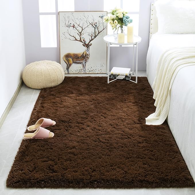 Merelax Modern Soft Fluffy Large Shaggy Rug for Bedroom Livingroom Dorm Kids Room Indoor Home Decorative, Non-Slip Plush Furry Fur Area Rugs Comfy Nursery Accent Floor Carpet 4'x6' Brown