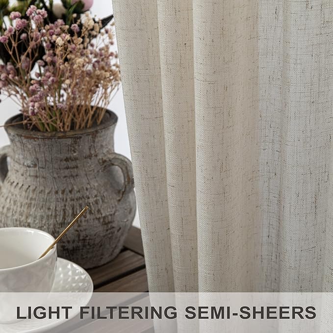 Flax Linen Curtains 108 Inches Long for Kids Room 2 Panels Back Tab Pocket Window Draperies Light Filtering Semi Privacy Beige Sheer Curtains for Living Room Sliding Door Track Cotton Canvas Look 9 FT