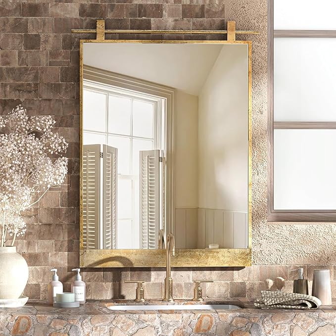 Gold Bathroom Mirror 20" x 28" Brushed Gold Rustic Rectangle Metal Framed Barn Door Farmhouse Bathroom Vanity Mirror for Over Sink, Foyer Entryway Decor