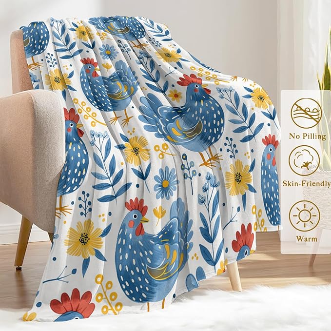Farmhouse Rooster Throw Blanket 60x80 in, Blue Chicken Flowers Blankets for Couch Bedroom Living Room Indoor Decor, Lightweight Soft Cozy Bedding Birthday Gift for Kids Boys Adults
