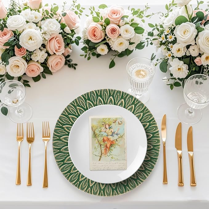 Green Charger Plates, 13 Inch Set of 6 Plastic Peacock Chargers for Dinner Plates,Table Settings, Easter, Thanksgiving, Christmas Party, Family Gathering.