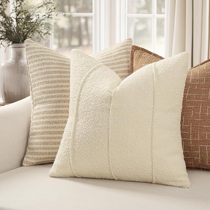 YCOLL Textured Boucle Throw Pillow Covers 18x18 Pack of 2 - Soft Neutral Striped Cushion Covers, Cozy Accent Decorative Pillow Covers for Couch, Sofa, Bed, Living Room (Cream)