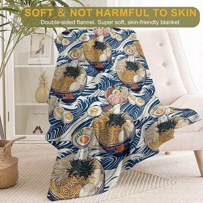 Ramen Throw Blanket 40x50 in, Delicious Noodle Blue Waves Pattern Blankets for Couch Bedroom Living Room Indoor Decor, Lightweight Soft Cozy Bedding Birthday Gift for Kids Boys Adults