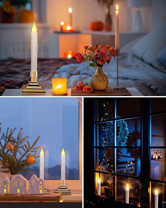 SURAIELEC 4 Pack Battery Operated Window Candles, Dusk-to-Dawn Window Lights with Removable Candle Holders, LED Flameless Candlesticks for Christmas Window, Mantel, Dining Table, Gloss Gold