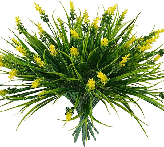 12 Bundles Artificial Plants Outdoor, 18.2" UV Resistant Faux Monkey Grass Greenery Stems No Fade Faux Plastic Flowers Shrubs for Home Weddings Garden Porch Front Patio Office Decor - Yellow