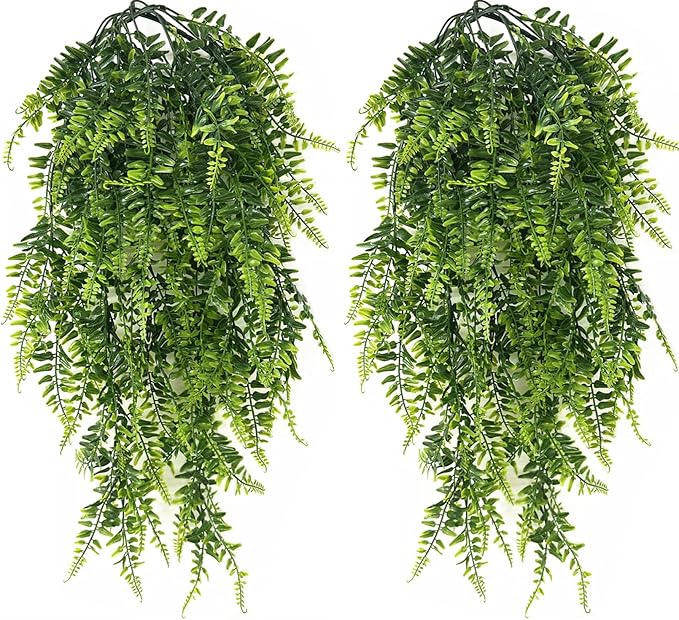 Artificial Boston Hanging Plants, Fake Ferns Ivy Plastic Plant Vine Faux Leaves UV Resistant Vines Greenery for Indoor Outdoor Bathroom Decor Office Garden Party Wedding DIY Decoration 4 Pack