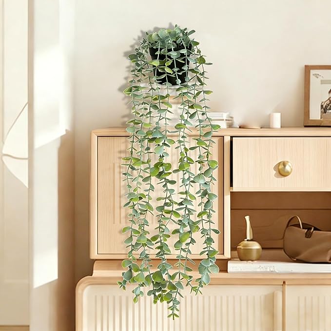 echosari 2 PCS Fake Hanging Plants, Artificial Potted Plants Eucalyptus, Greenery Faux Plants Indoor for Modern Boho Home Bedroom Wall Book Shelf Decor