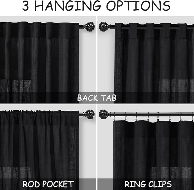 Nanspring Black Boho Curtains for Bedroom Back Tab Rod Pocket Semi Sheer Linen Curtains 90 Inches Long 2 Panel Set Light Filtering Neutral Farmhouse Lightweight Drapes for Living Room 40x90 Inches
