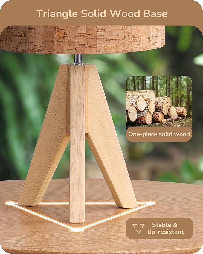 EDISHINE Small Table Lamp, Wooden Tripod Nightstand Lamp with Bark Linen Shade, Farmhouse Bedside Lamp for Nursery, Bedroom, Kids Room, Office, Reading Desk, 14.2 Inch, E26 Socket, ON/Off Switch