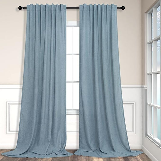 Blue Curtains 108 Inches Long For Living Room Dining 2 Panels Set Back Tab Pocket Farmhouse Linen Semi Sheer Blue Light Filtering Curtains for Bedroom Patio High Ceiling Balcony 9 FT Tall Stone Blue