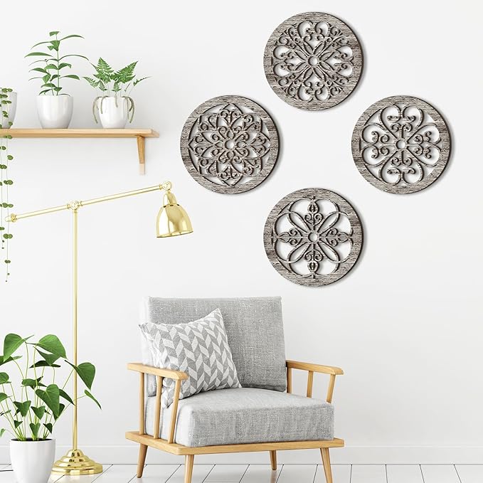 Yulejo 4 Pcs Thicken Rustic Wall Decor Farmhouse Kitchen Wall Round Art Wooden Hollow Carved Design Rustic Art for Living Room Bedroom Hallway Decor (15.7 x 15.7 Inch,Retro White)