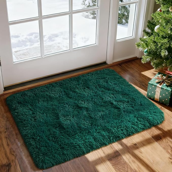Merelax Fluffy Shaggy Area Rug, Deep Green 2x3 Small Rugs for Fireplace Christmas Holiday Decor, Mini Fuzzy Plush Throw Rug, Soft Non-Slip Entryway Rugs Shag Catpet for Livingroom Home Aesthetic