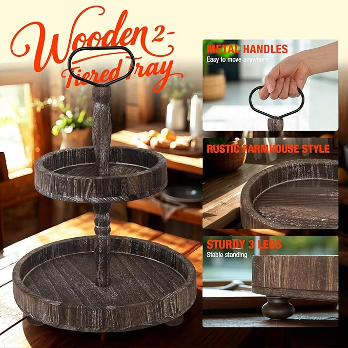 Farmhouse 2 Tiered Tray Stand for Home Decor, Wooden Serving Tray with Handle for Coffee Bar Table Centerpiece Round Seasonal Decorative Tiered Trays for Fruits, Desserts