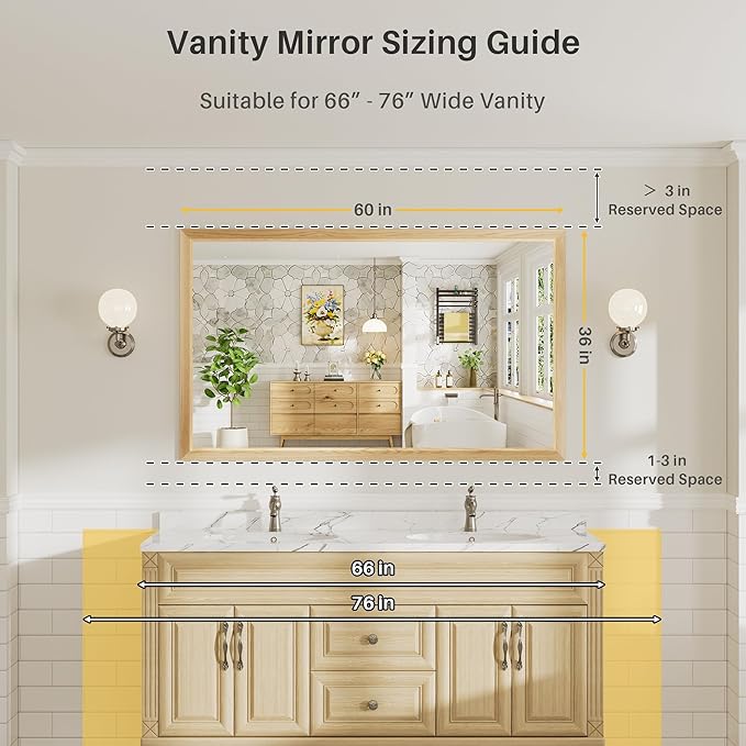 60x36 Inch Bathroom Mirror for Wall, Anti-Rust Oak Wood Grain Metal Framed Bathroom Mirrors for Over Sink,Rectangler Mirrors for Bathroom Vanity, Farmhouse, Bedroom, Living Room, Entryway Decor