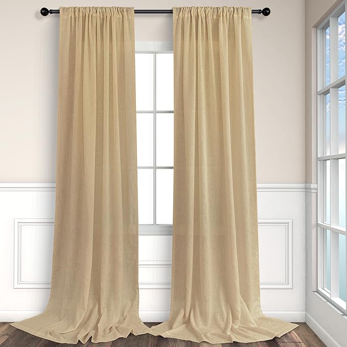Burlap Color Curtains 63 Inch Length for Bedroom 2 Panel Back Tab Pocket Cotton Canvas Woven Textured Flax Linen Semi Sheer Lightweight Soft Taupe Brown Tan Curtain for Kitchen Cafe Cottage Core Decor