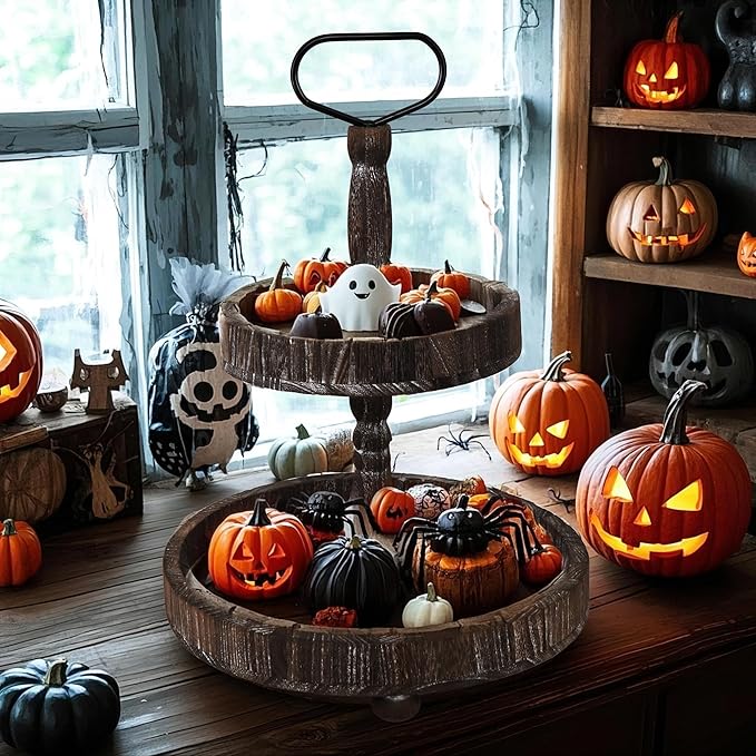 Farmhouse 2 Tiered Tray Stand for Home Decor, Wooden Serving Tray with Handle for Coffee Bar Table Centerpiece Round Seasonal Decorative Tiered Trays for Fruits, Desserts