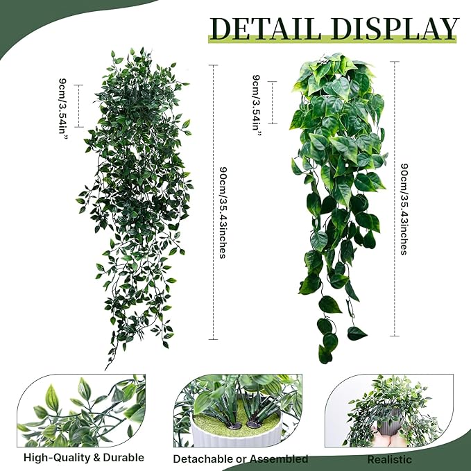 Artificial Hanging Plants for Shelf, 2-Pack Fake Potted Greenery Faux Mandala and Pothos Ivy Vines in Black Pot, Décor for Office Living Room Bathroom Indoor Outdoor