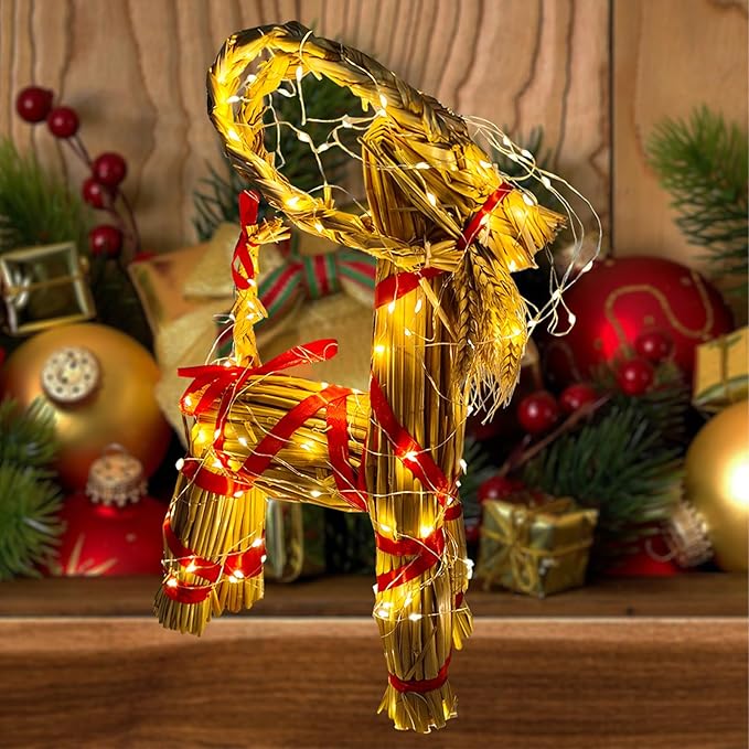 15.7" Lighted Christmas Straw Goat Home Decor Swedish Scandinavian Yule Style Decorative Handmade Ornaments with LED Light for Indoor Christmas Home Kitchen Bedroom Decor