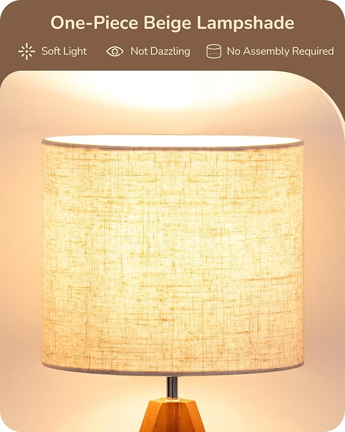 EDISHINE Tripod Table Lamp, Small Cute Bedside Lamp with Linen Beige Lampshade, Nightstand Lamp for Nursery, Bedroom, Kid Room, Living Room, Light Brown Wooden Base, E26 Socket, 14.2 Inch