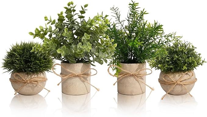 4 Pack Small Fake Plants for Bathroom Decor, Artificial Plants Indoor, Faux Plants Indoor Eucalyptus Rosemary for Home Kitchen Farmhouse Office Room Decor
