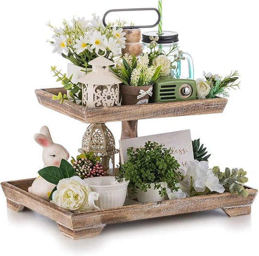 Hanobe Tiered Tray for Table Decor: Christmas 2 Tier Decorative Tray Stand for Coffee Bar - Large Farmhouse Centerpiece Display Stands for Christmas - Wood for Kitchen Counter Decorations