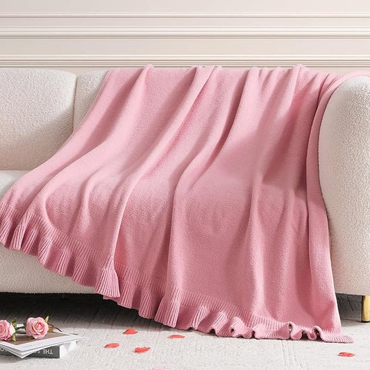 Amélie Home Ultra Soft Ruffle Knit Chenille Throw Blanket for Couch & Bed, Cozy Flowers Blankets for Home Decor, Gifts for Women Mom Sister on Mother's Day Valentine's Day Birthday, 50"x60", Pink