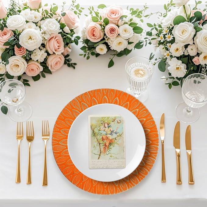 Orange Charger Plates, 13 Inch Set of 6 Plastic Peacock Chargers for Dinner Plates,Table Settings, Easter, Thanksgiving, Christmas Party, Family Gathering.
