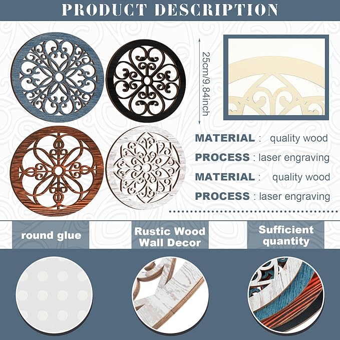 Yulejo 4 Pcs Thicken Rustic Wall Decor Farmhouse Kitchen Wall Round Art Wooden Hollow Carved Design Rustic Art for Living Room Bedroom Hallway Decor (15.7 x 15.7 Inch,Assorted Color)